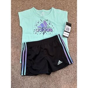 Adidas 2 Piece Set Girls 24 Months Shorts T Shirt Green Purple Black